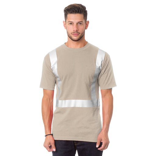BAYSIDE® MADE IN USA Hi-Vis 100% Cotton Pocket Crew Solid Striping - Sand - 3771 - Safety Vests and More