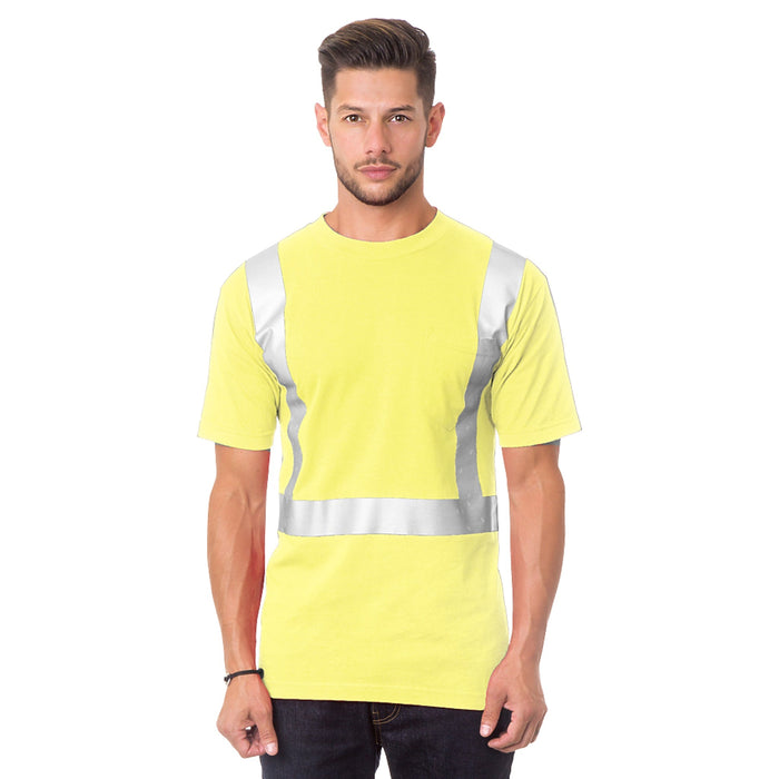 BAYSIDE® MADE IN USA Hi-Vis 100% Cotton Pocket Crew Solid Striping - Yellow - 3771 - Safety Vests and More