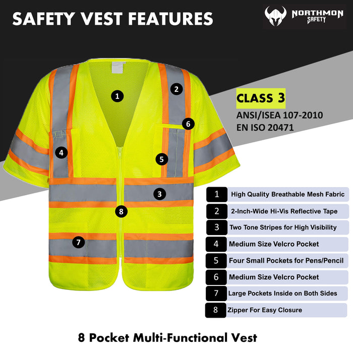 NORTHMON Hi Vis Short Sleeve Mesh Safety Vest - 102 Series - ANSI Class 3