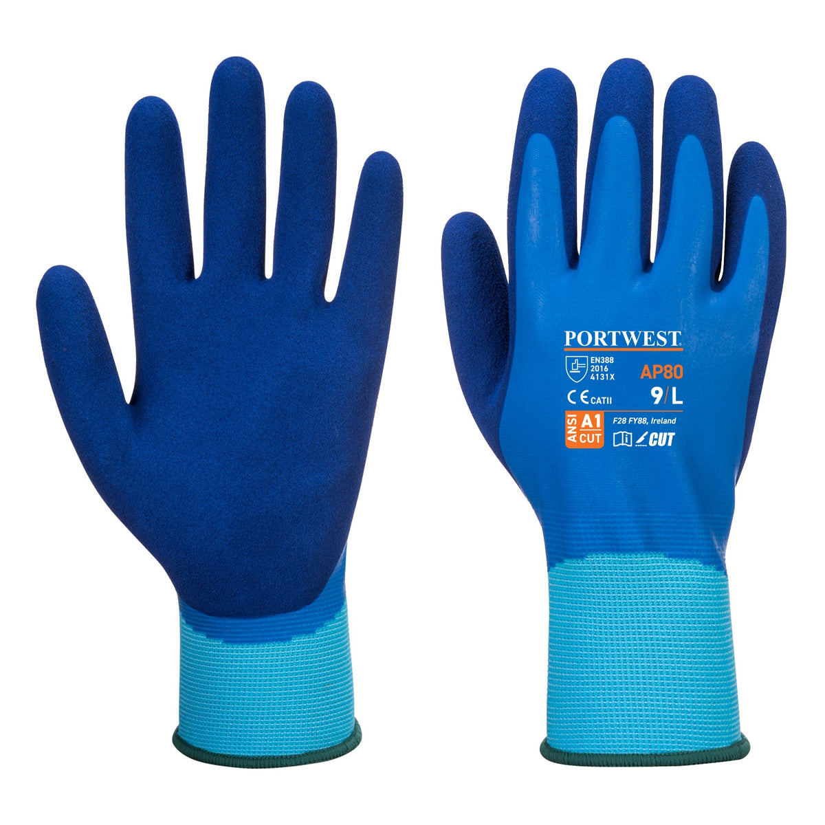 Portwest AP80B4RM Liquid Pro Glove, Lightweight, Dual Latex Coating, Elasticized Cuff, Blue, M